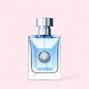 aqua blue Versace Pour Homme Eau de Toilette 50ml perfume bottle on a pink background