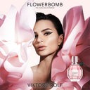 Viktor & Rolf Flowerbomb Eau de Parfum perfume advertisement with model Emily Ratajkowski and floral design.