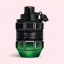 Green and black Viktor & Rolf Spicebomb Night Vision Eau de Toilette 90ml perfume bottle on a light pink background