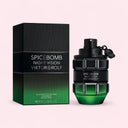 green and black Viktor & Rolf Spicebomb Night Vision Eau de Toilette 90ml perfume bottle and packaging on a light pink background