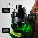 Viktor & Rolf Spicebomb Night Vision Eau de Toilette 90ml perfume bottle with green mandarin essence, roasted almond accord, and black spices complex on a white background.