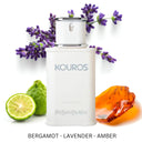 YSL Yves Saint Laurent Kouros Eau de Toilette 100ml perfume bottle with lavender, lime, and amber on a white background