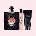 YSL Yves Saint Laurent Black Opium Eau de Parfum 90ml Trio Gift Set inclusion showcase of a perfume, a pen spray and a body lotion on a pink background