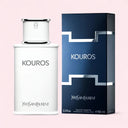 Yves Saint Laurent Kouros Eau de Toilette 100ml perfume bottle and packaging on a light pink background