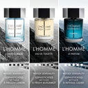Three bottles of Yves Saint Laurent L'Homme fragrances  with text of scent description and intensity rates below each over mountainous backgrounds.