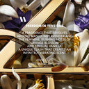 Gold perfume bottle with floral design and text about fragrance description by YSL Libre's master perfumer Anne Flipo