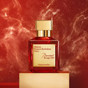 BEAUTE KNOWS Maison Francis Kurkdjian Baccarat Rouge 540 Extrait de Parfum in a red glass bottle with a gold cap.
