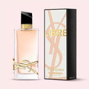 BEAUTE KNOWS Yves Saint Laurent Libre Eau de Toilette 90ml bottle and box with gold YSL logo and peach fragrance.