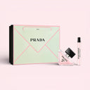 Prada Paradoxe Virtual Flower Eau De Parfum 50ml Gift Set with a pink envelope-shaped box on a light pink background